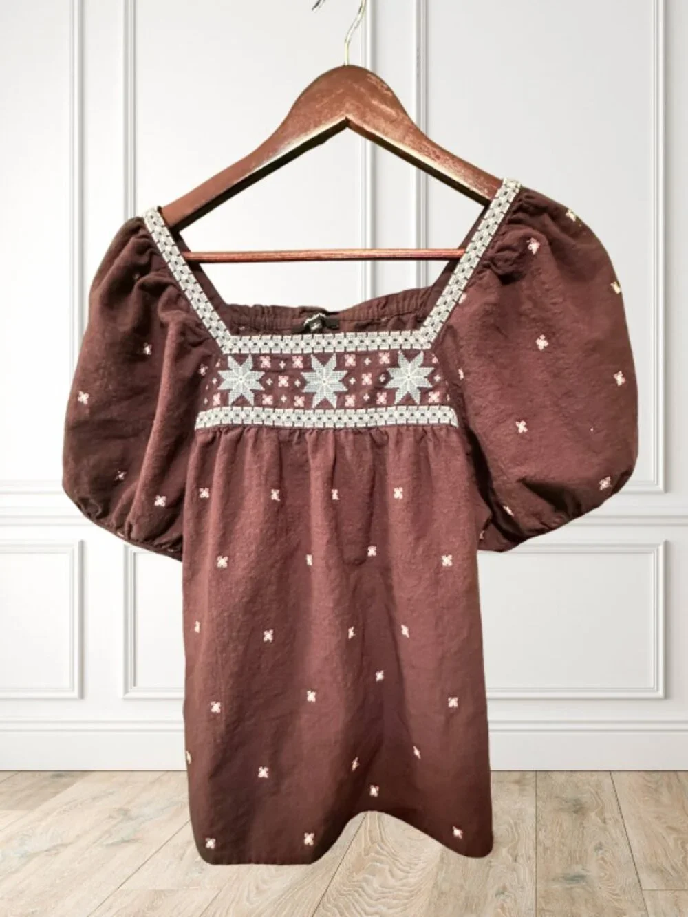 Madewell Embroidered Puff Sleeve Square Neck Top Brown Size M